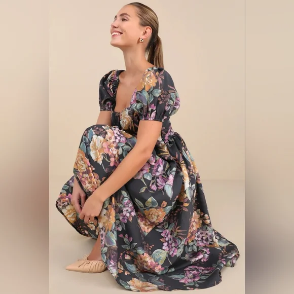 Lulus Adorable Tendencies Dark Grey Floral Puff Sleeve Midi Dress XXL Wedding - Picture 4 of 10